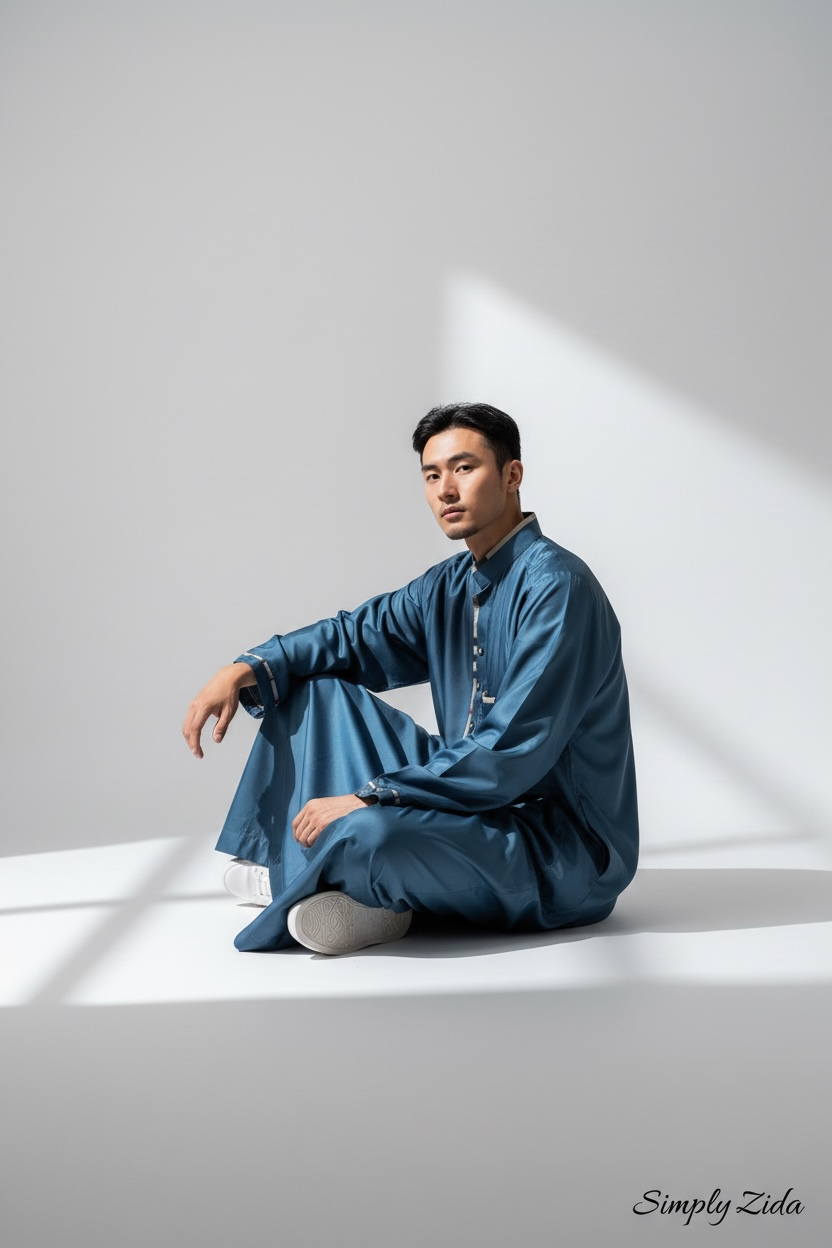 Modern men’s blue thobe with contrast trim sitting pose