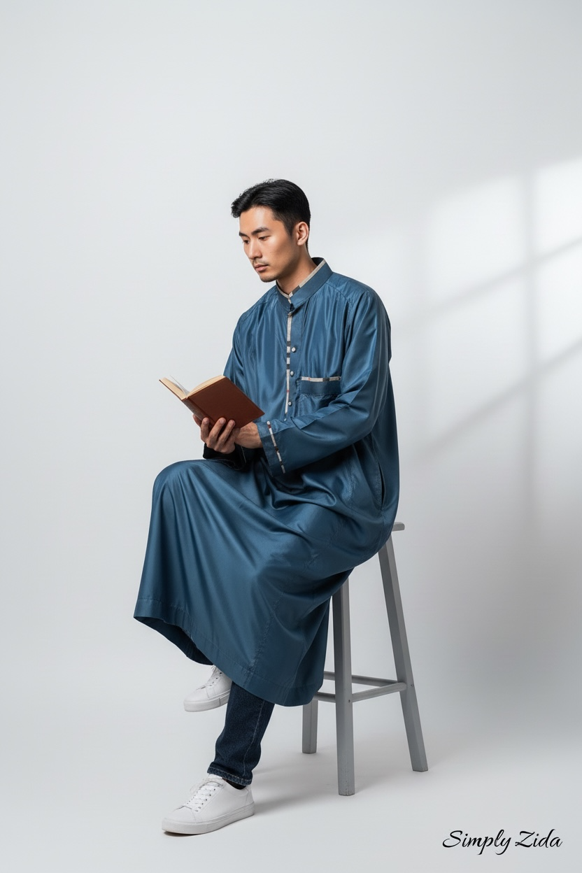 Men's blue thobe with contrast trim reading book seated