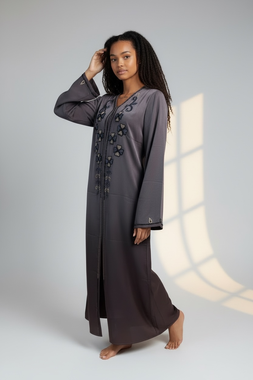 Side view of luxury charcoal embroidered abaya with elegant modest fit