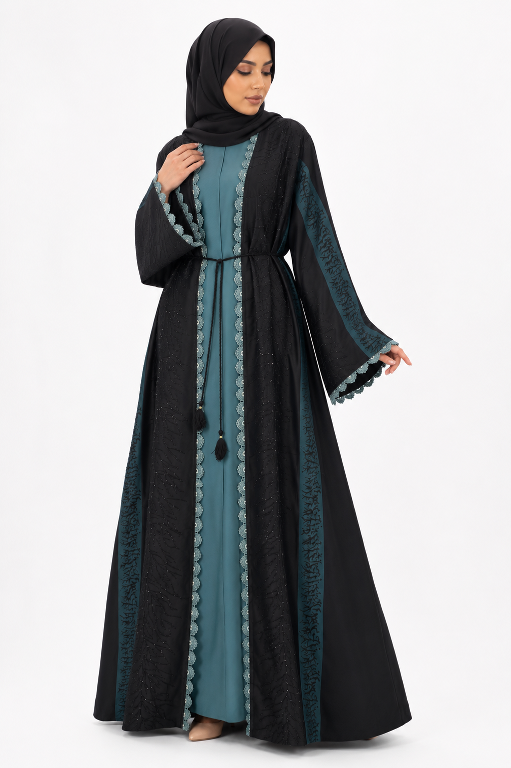 Front view of the Midnight Teal Embellished Open Abaya Set featuring a luxury black open abaya with teal inner dress, lace detailing and elegant embellishments by Simply Zida