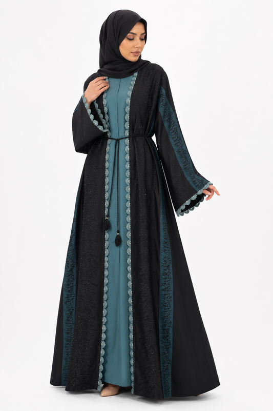 Front view of the Midnight Teal Embellished Open Abaya Set featuring a luxury black open abaya with teal inner dress, lace detailing and elegant embellishments by Simply Zida