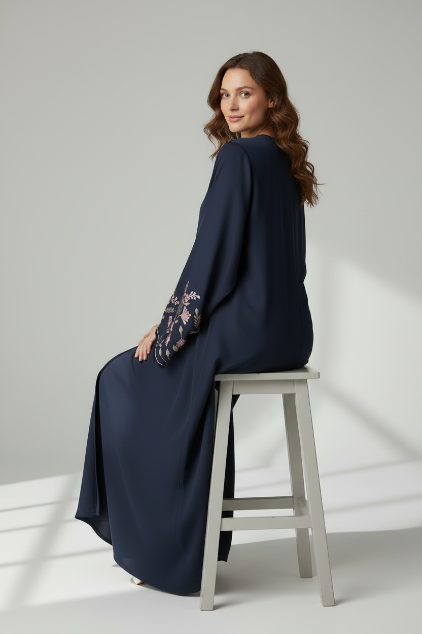 Luxury Navy Floral Embroidered Closed Abaya – Elegant Modest Wear