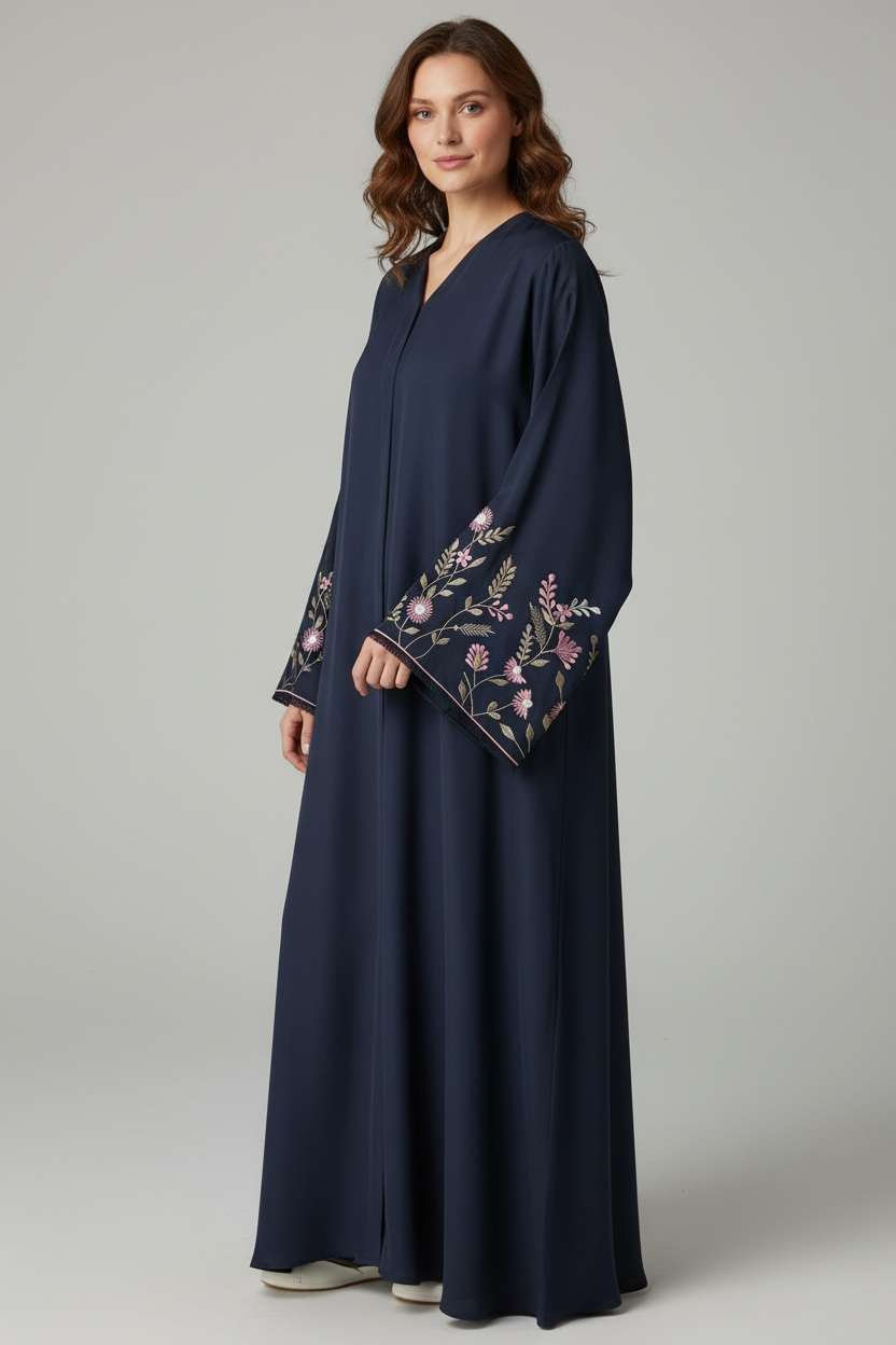 Luxury Navy Floral Embroidered Closed Abaya – Elegant Modest Wear