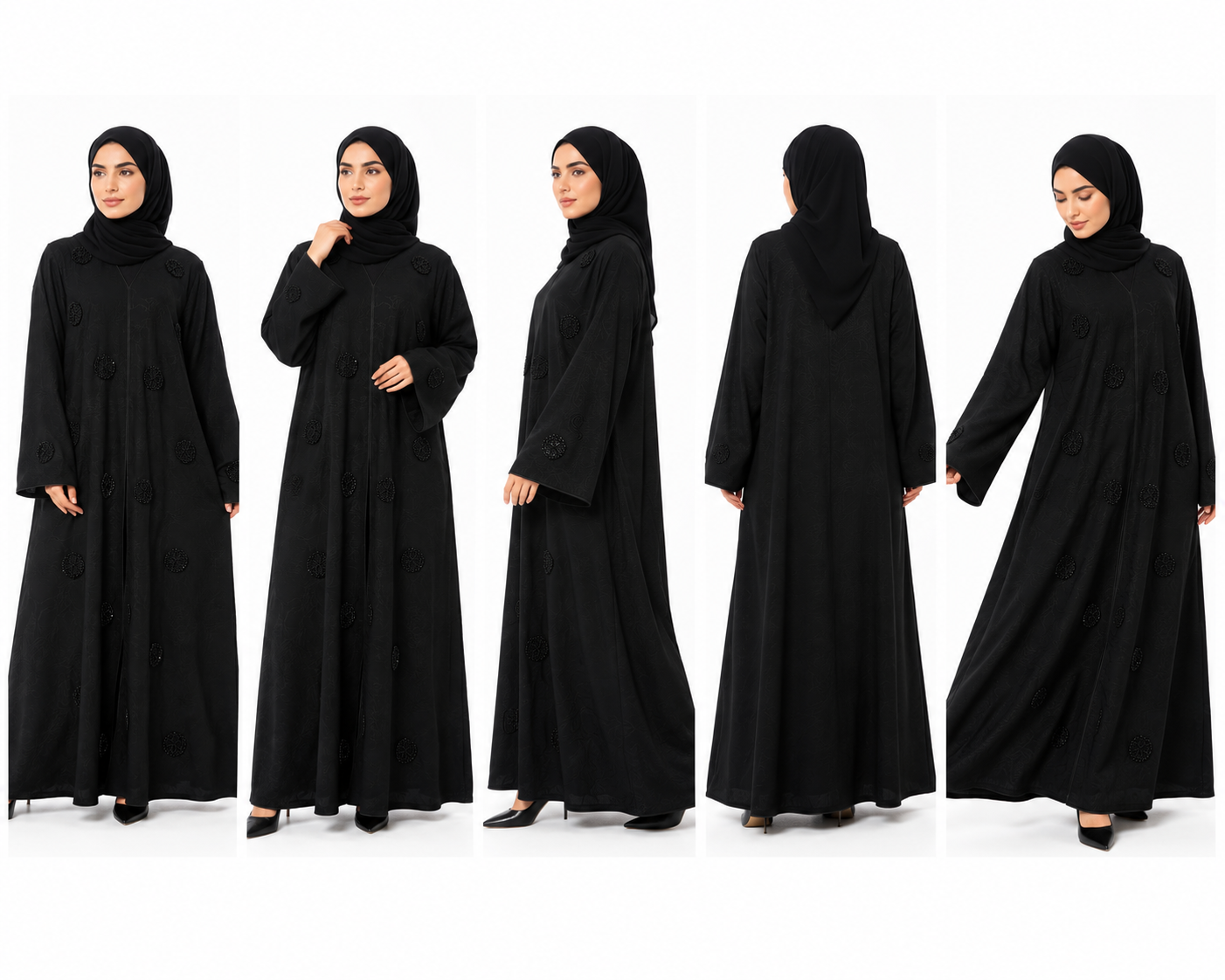 Product gallery of the Noir Stone Closed Abaya in Black showing front, side, back and detail views with elegant floral stone embellishments by Simply Zida.