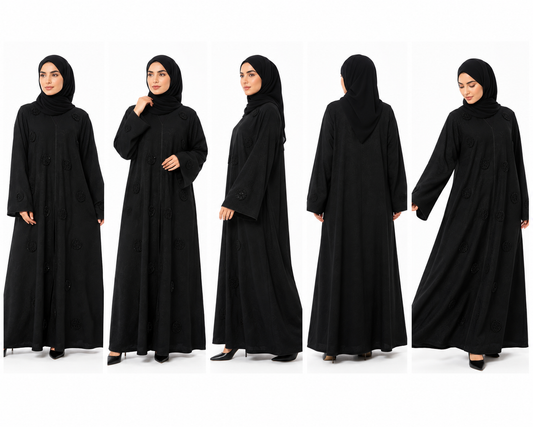 Product gallery of the Noir Stone Closed Abaya in Black showing front, side, back and detail views with elegant floral stone embellishments by Simply Zida.