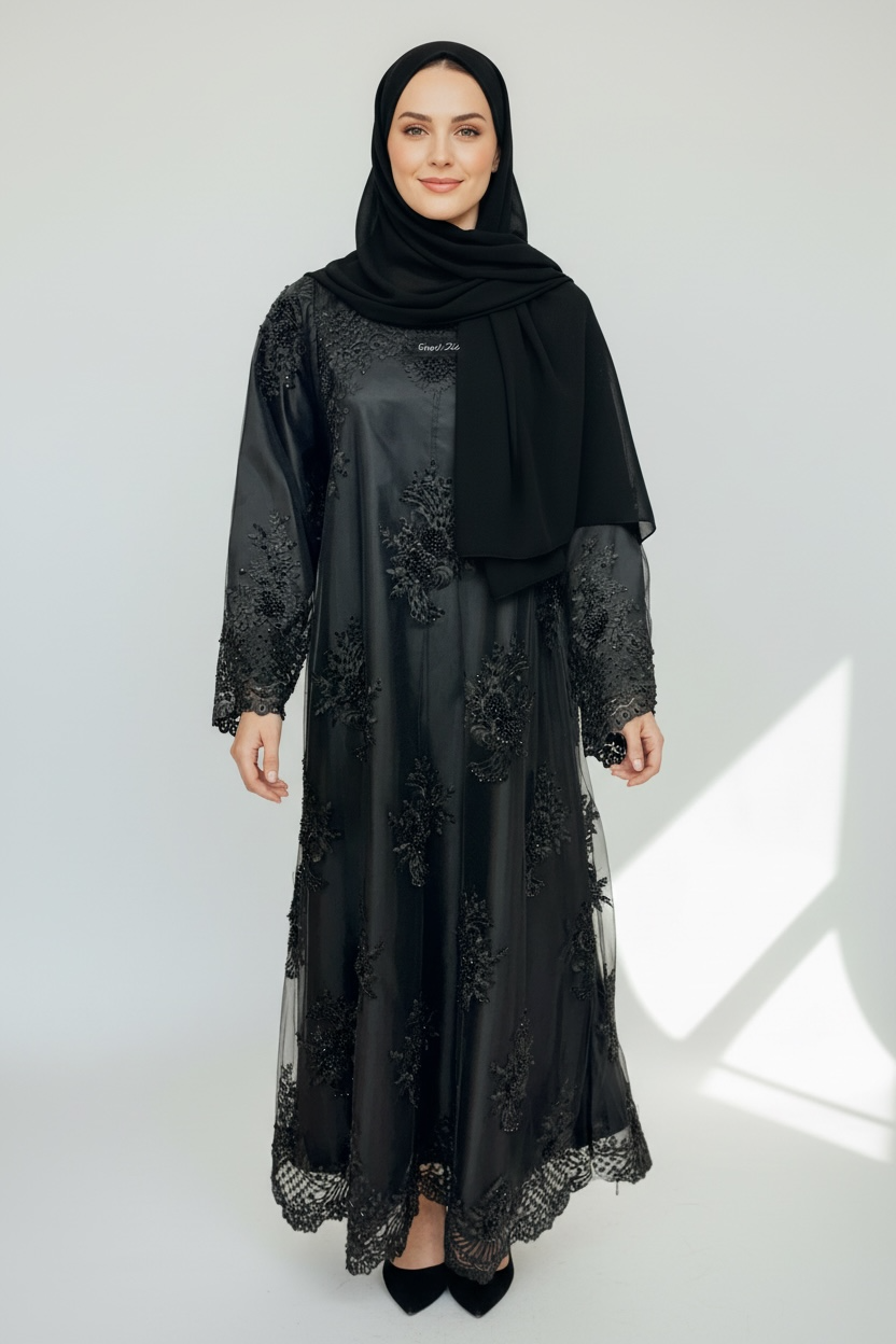 Black lace and rhinestone embellished abaya with full length modest design