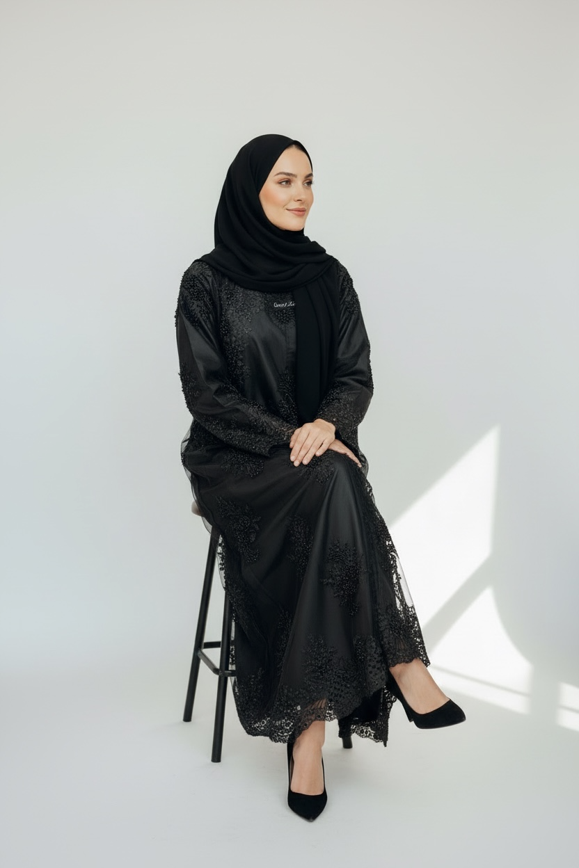 Elegant black occasion abaya with lace embroidery and subtle rhinestone sparkle
