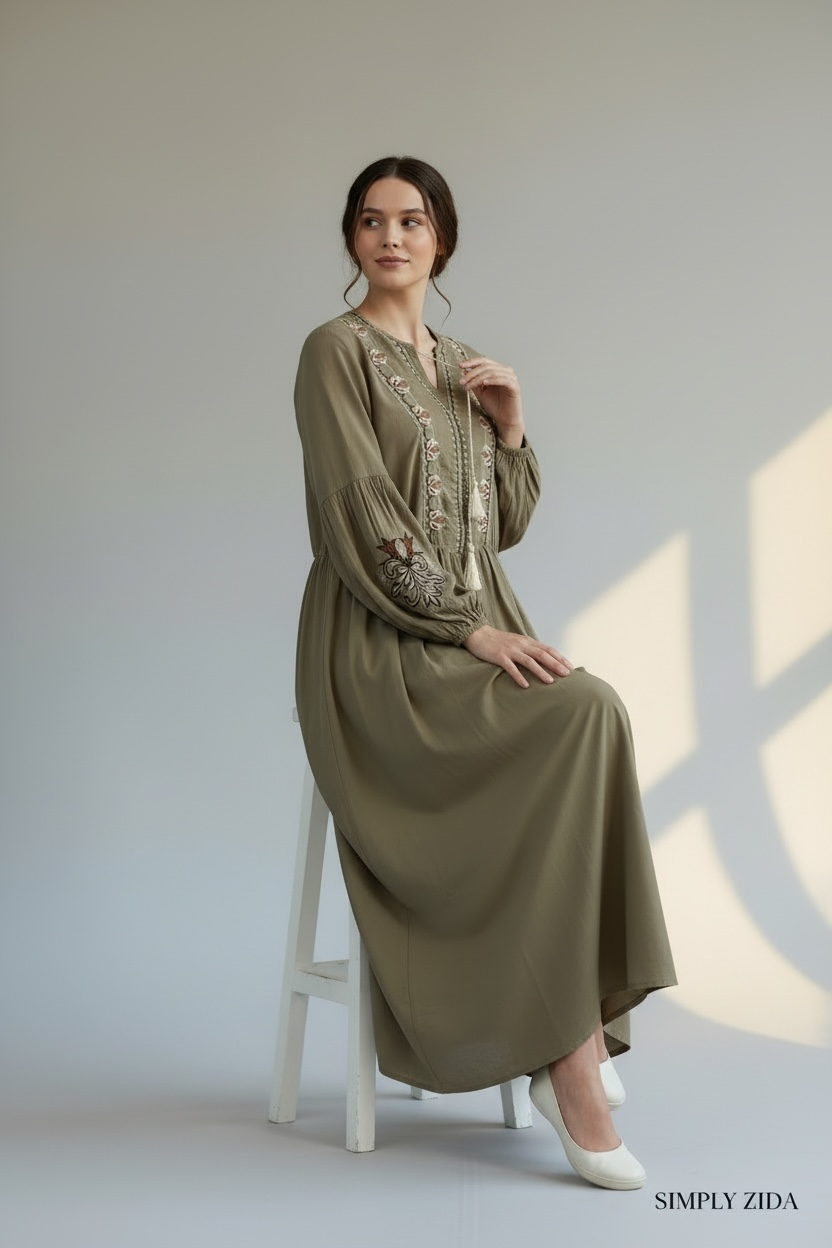 Olive maxi dress with embroidered sleeves