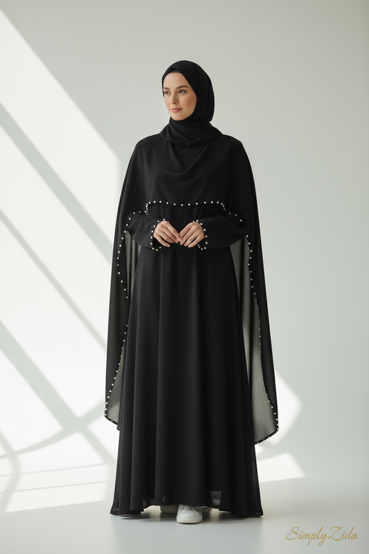 Full length black pearl trim cape abaya with elegant layered drape