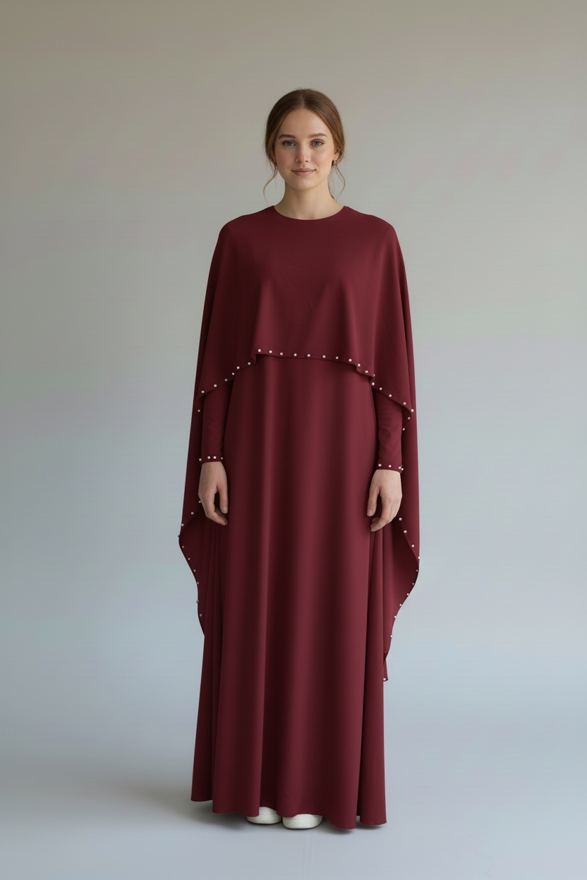 Burgundy pearl trim cape abaya with flowing layered design