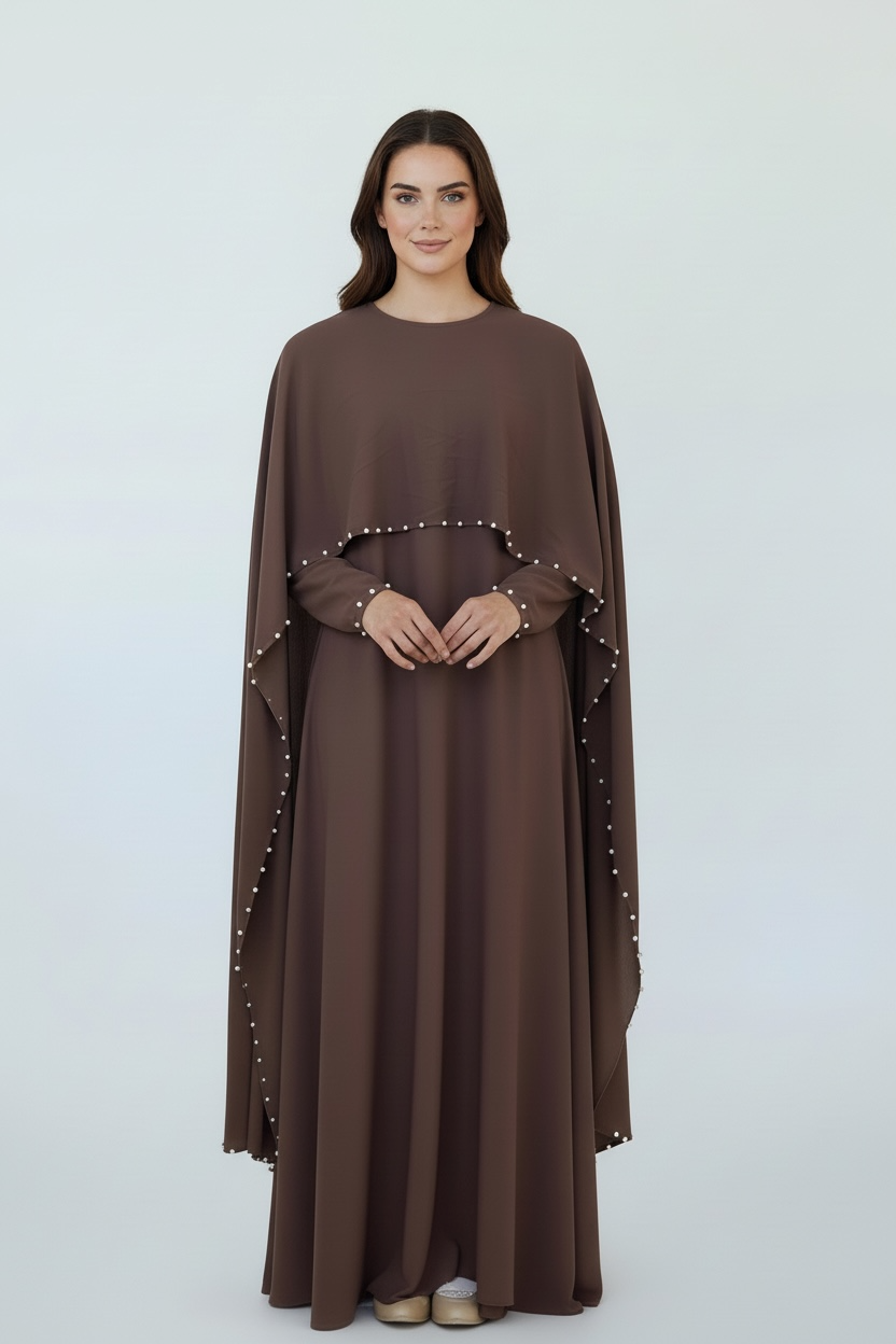 Full length mocha brown cape abaya with delicate pearl trim accents