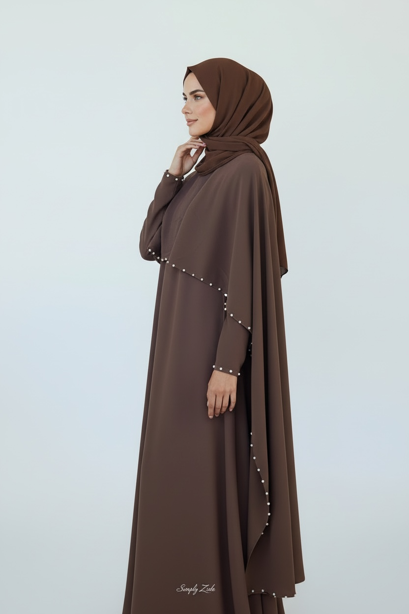 Mocha brown pearl trim cape abaya with soft flowing overlay and pearl edge detail