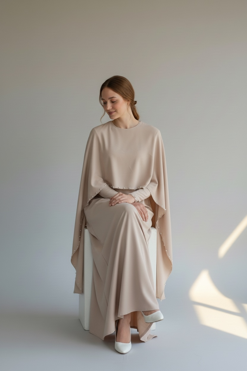 Nude beige pearl trim cape abaya with elegant modest silhouette