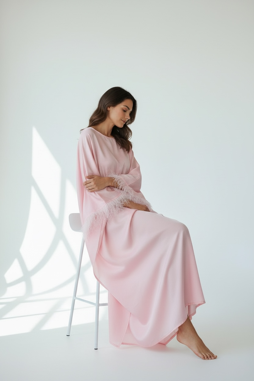 Blush Pink Feather Sleeve Abaya – Elegant Luxury Modest Wear