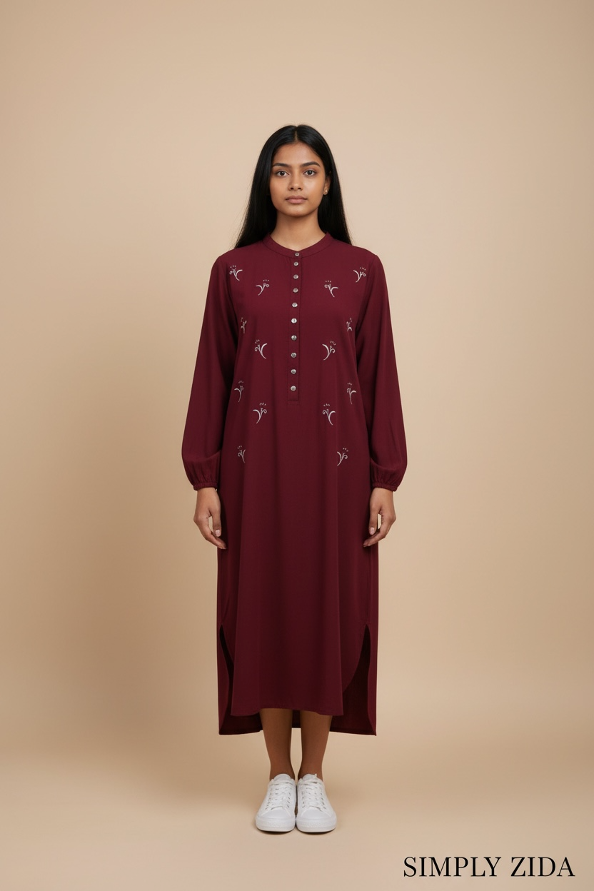 Burgundy modest dress with button front detail
