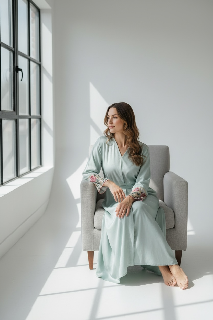 Luxury Stone & Thread Work Open Abaya – Sage Green & Light Purple