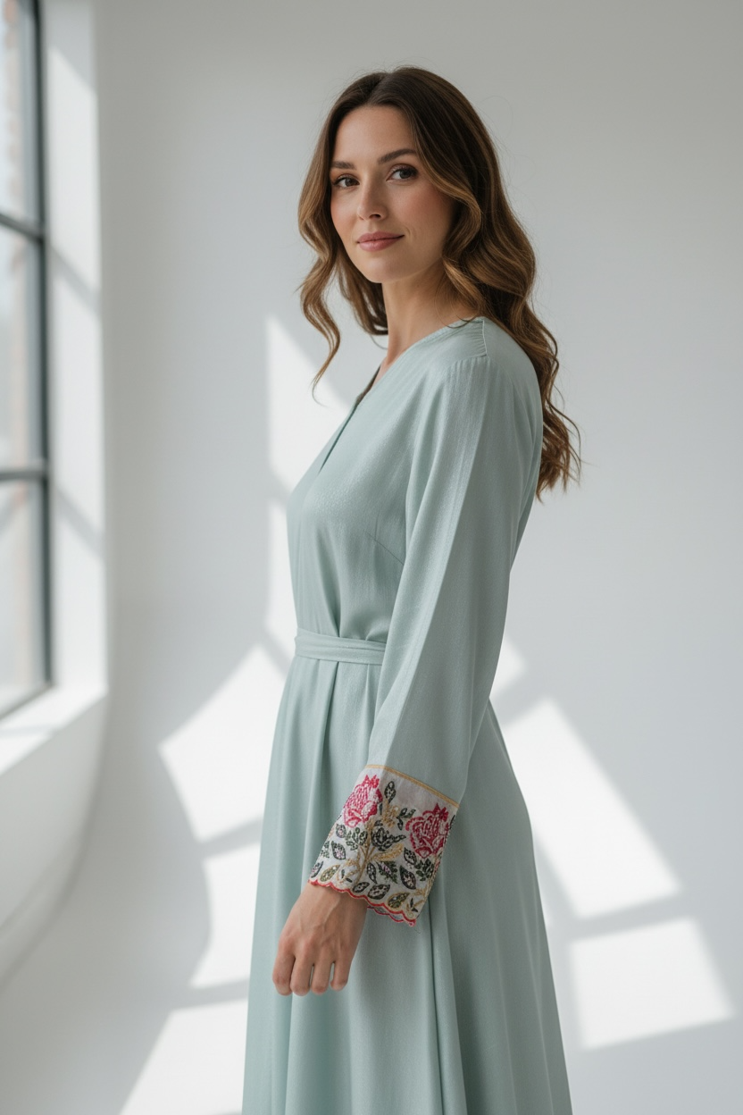Luxury Stone & Thread Work Open Abaya – Sage Green & Light Purple