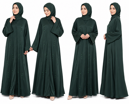 Product gallery of the Serene Beaded Closed Abaya in Dark Green showing front, side and detail views with elegant bead embellishments by Simply Zida.