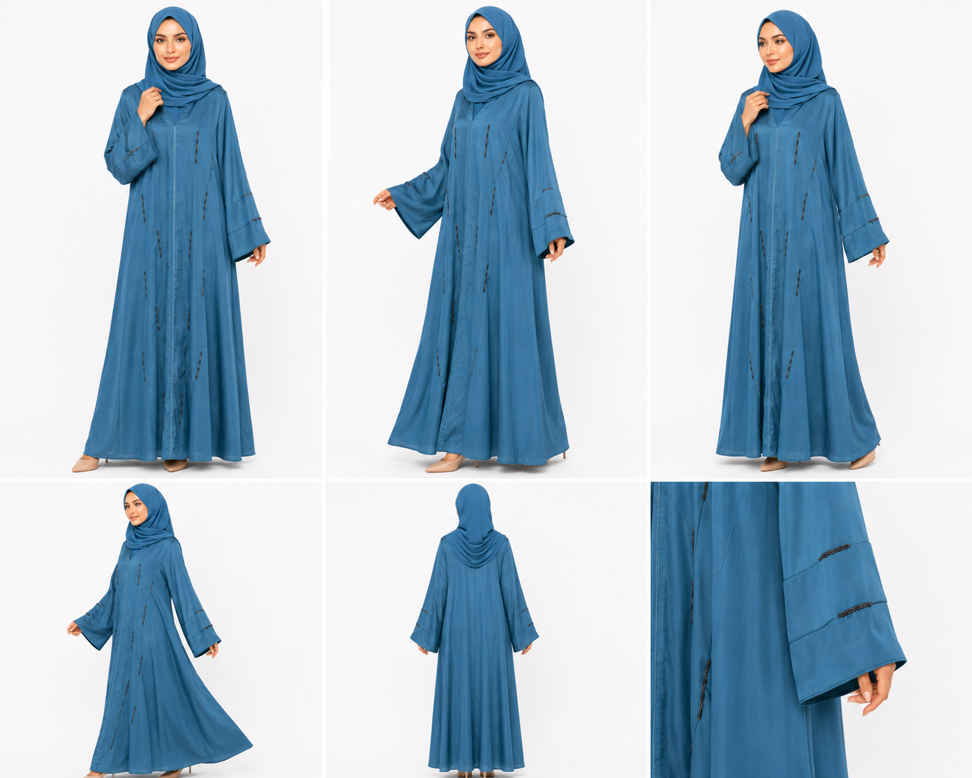 Product gallery of the Serene Beaded Closed Abaya in Dusty Blue showing front, side, back and detail views with elegant bead embellishments by Simply Zida.