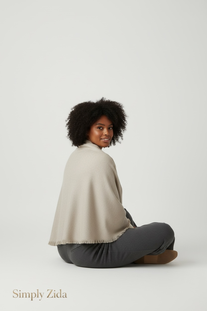 Back view of sand beige oversized wrap shawl with soft frayed edges
