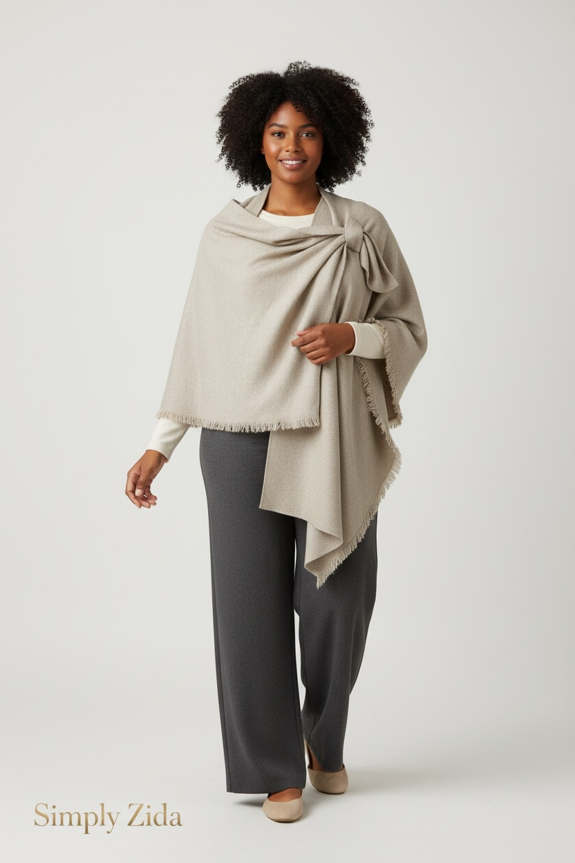 Model wearing sand beige wrap shawl styled over neutral modest outfit