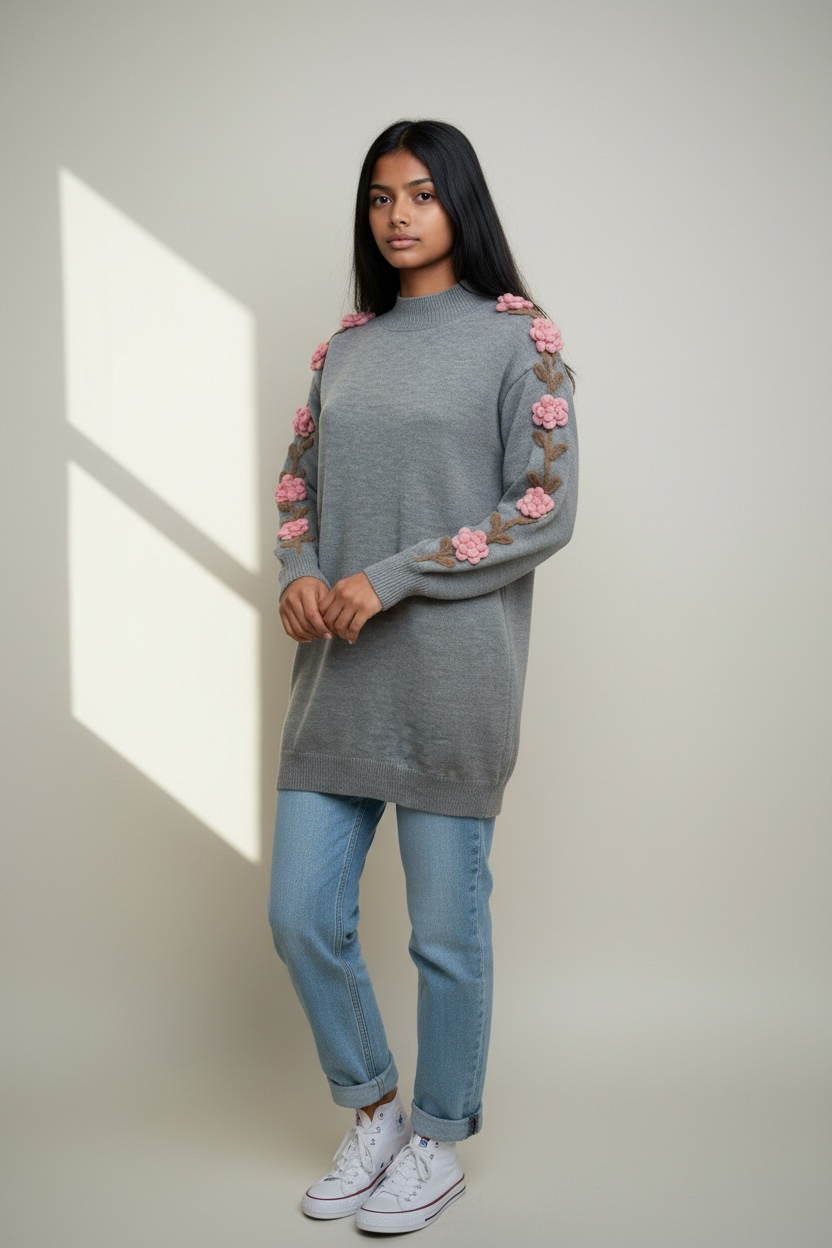Blossom Sleeve Knit Modest Tunic by Simply Zida in grey with floral sleeve detail – casual modest wear UK