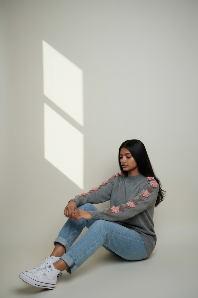 Seated view of grey blossom sleeve knit modest tunic by Simply Zida