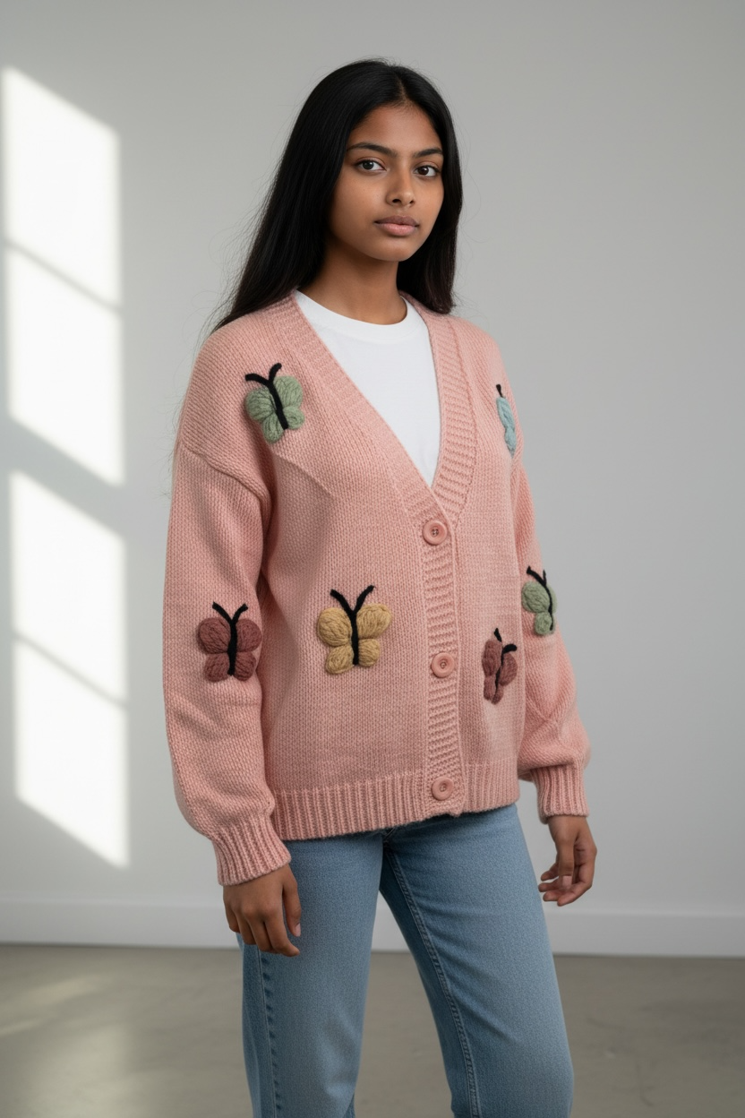 Blush pink butterfly knit cardigan by Simply Zida