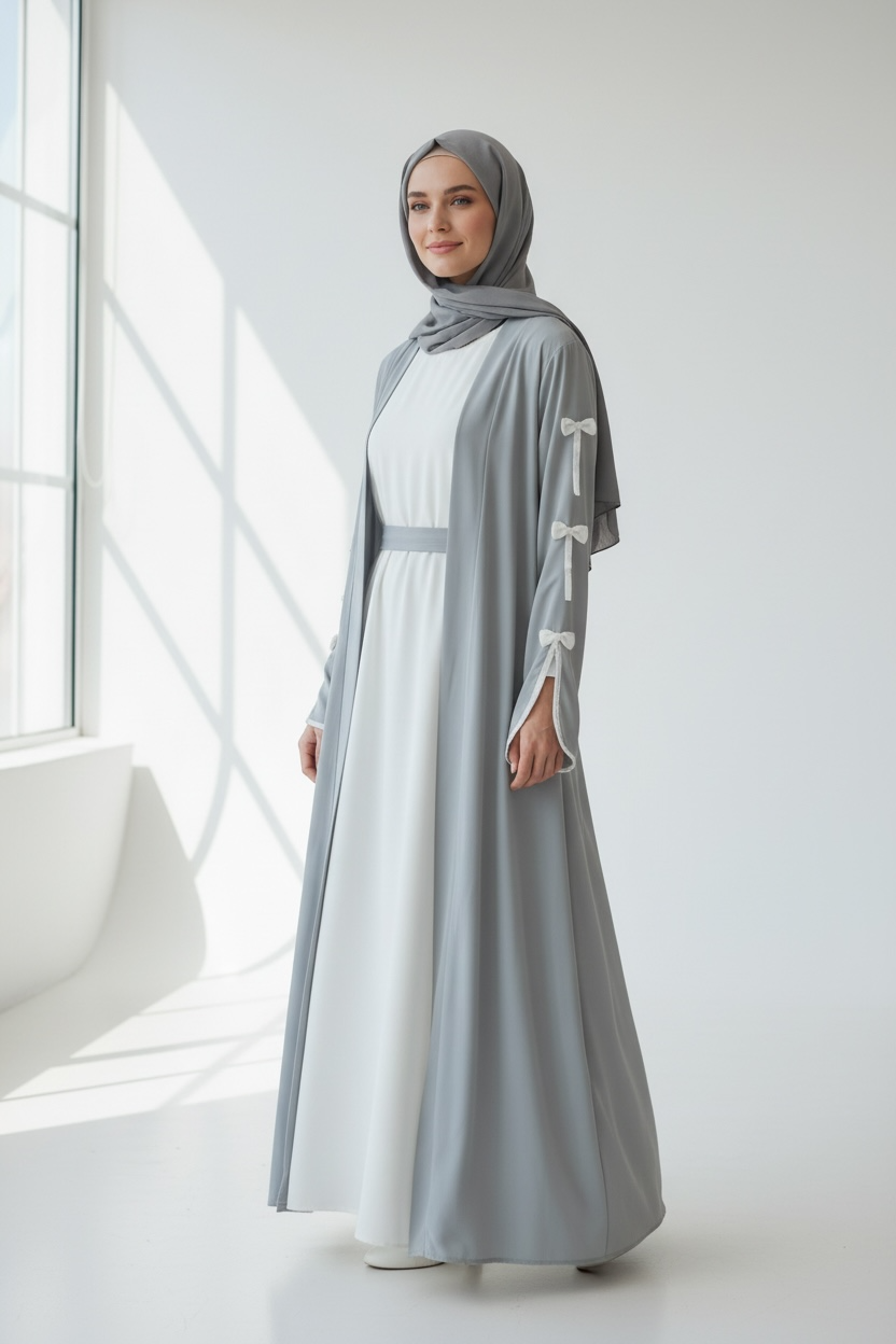 Celeste Bow Detail Open Abaya by Simply Zida in dove grey – luxury modest wear UK