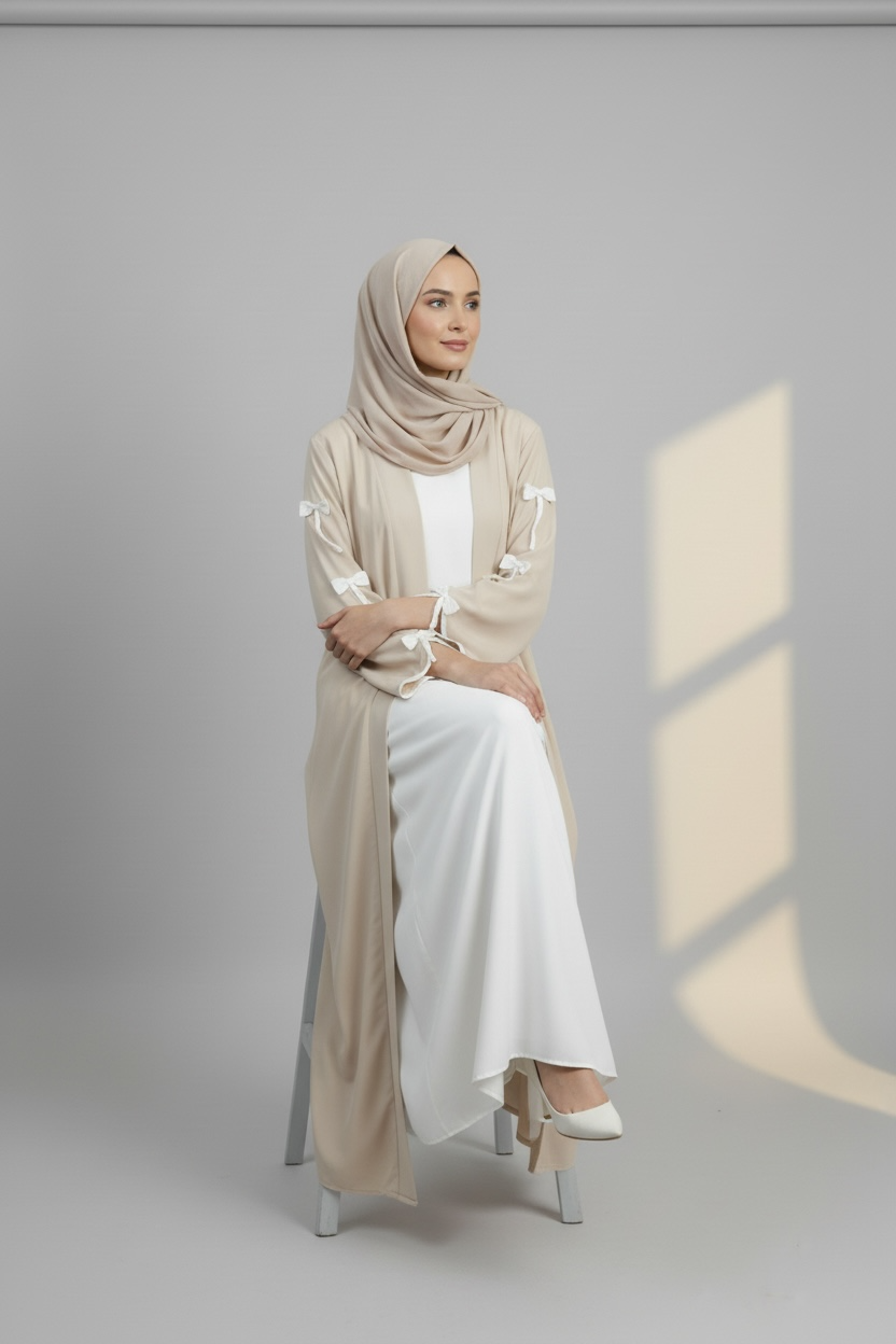 Side profile of Celeste Bow Detail Open Abaya by Simply Zida showing bow sleeve detail