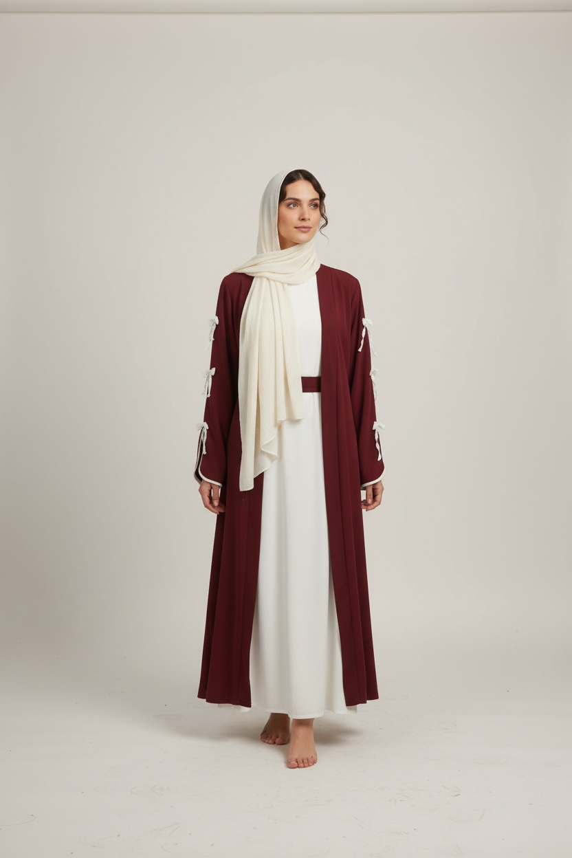 Celeste Bow Detail Open Abaya by Simply Zida in dove grey – luxury modest wear UK