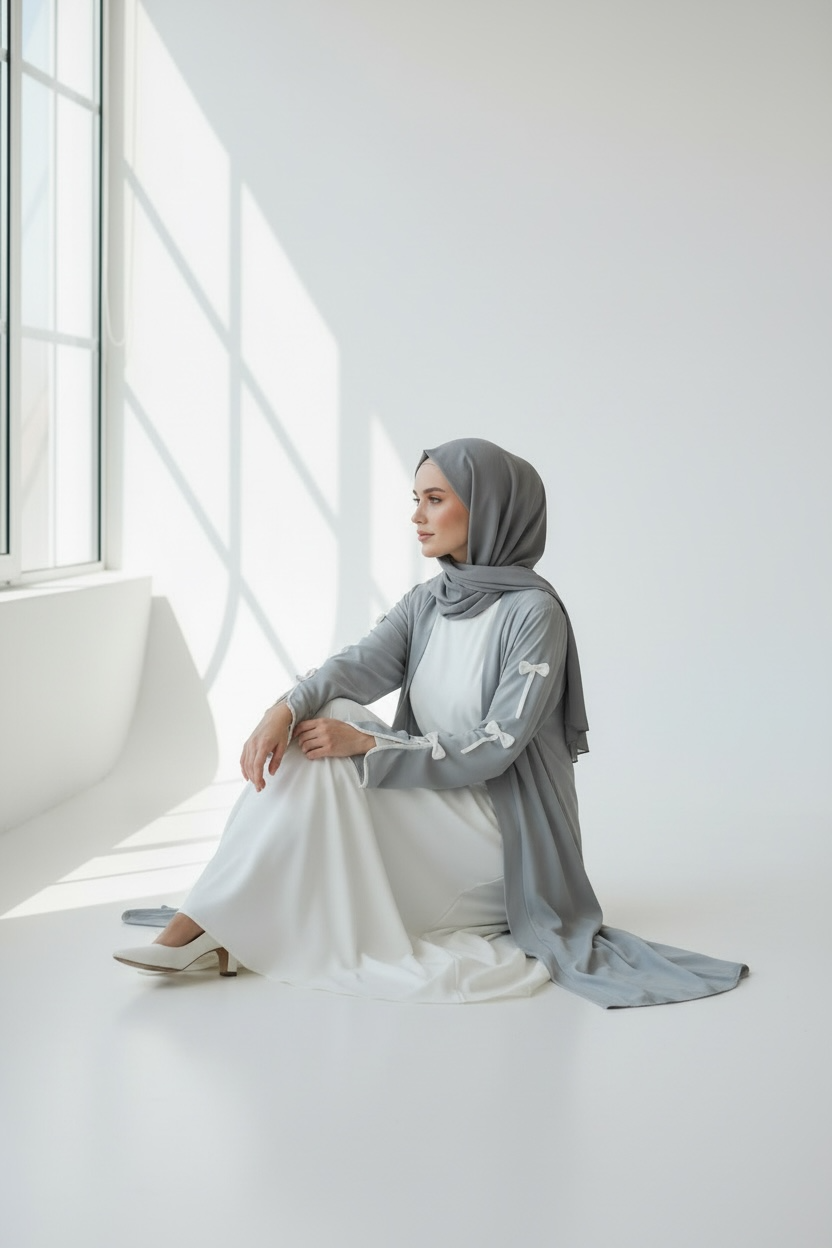 Seated view of Celeste Bow Detail Open Abaya by Simply Zida with inner dress