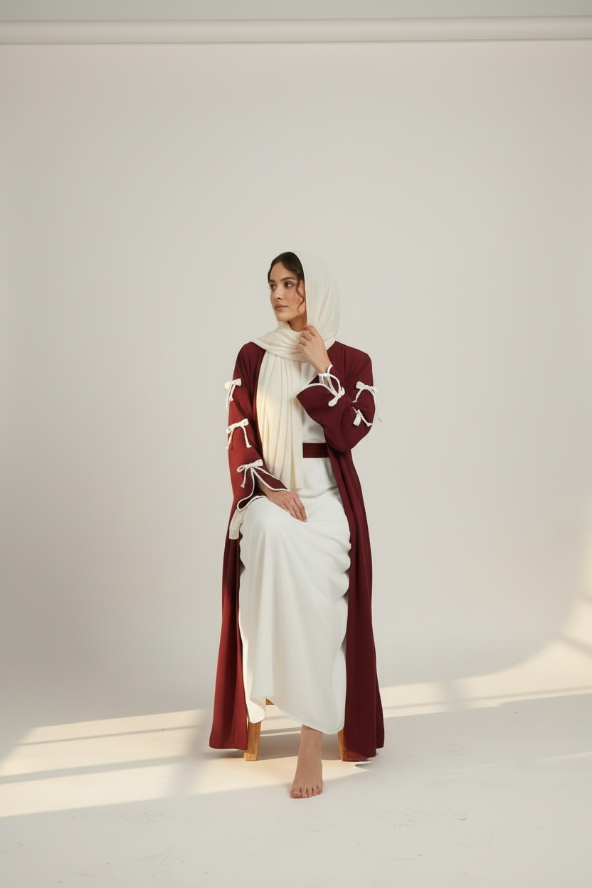 Seated view of Celeste Bow Detail Open Abaya by Simply Zida with inner dress