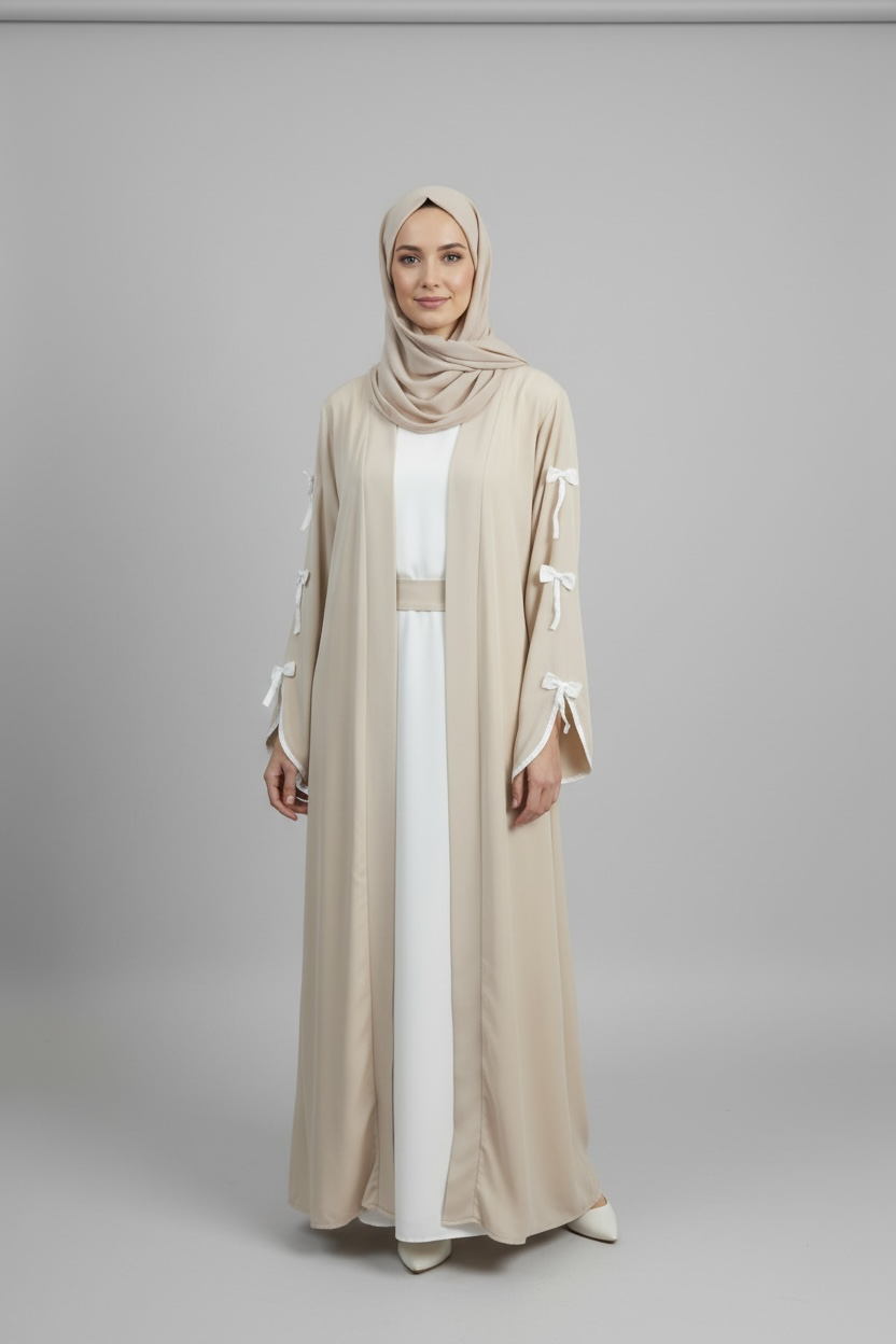 Celeste Bow Detail Open Abaya by Simply Zida in dove grey – luxury modest wear UK