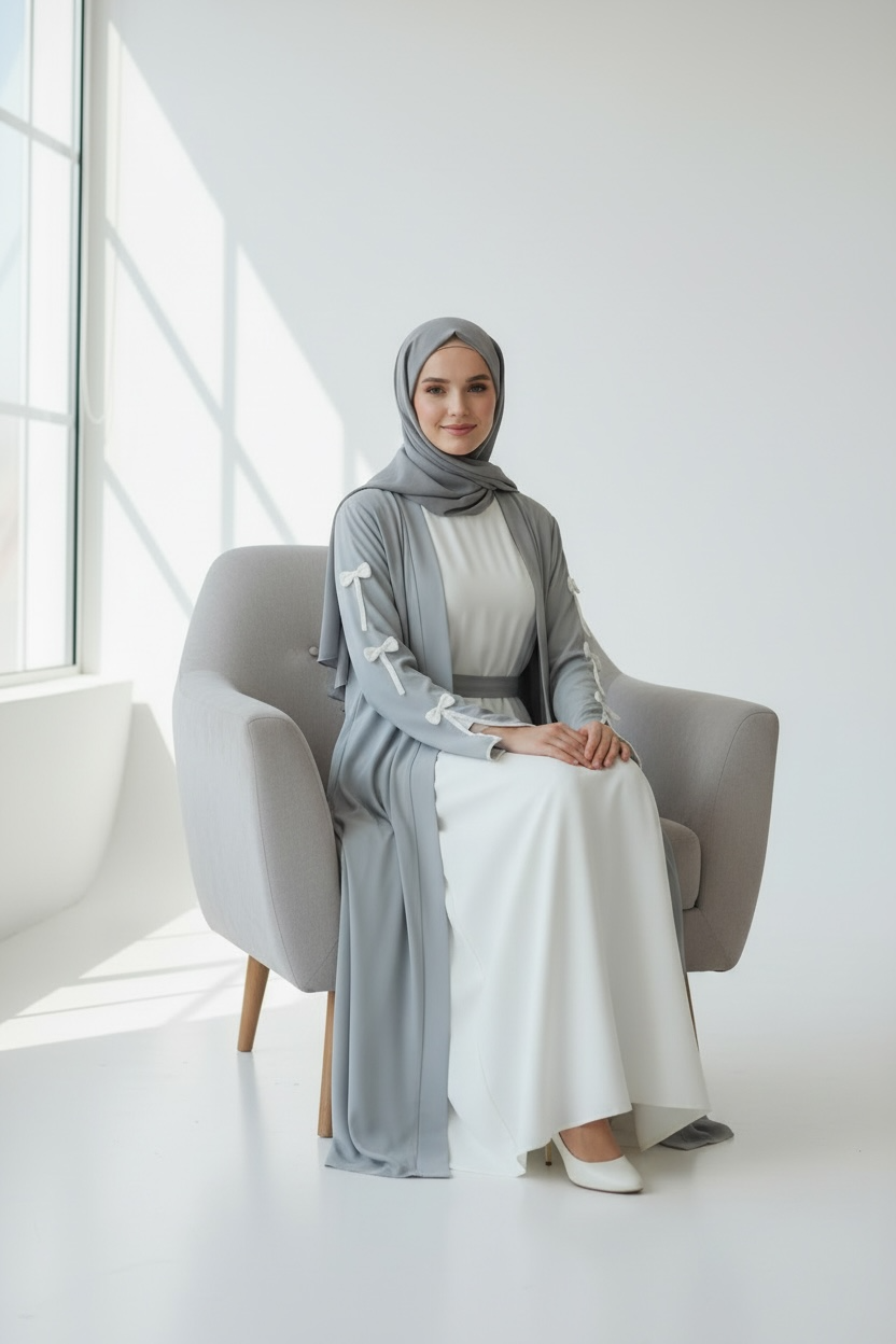 Side profile of Celeste Bow Detail Open Abaya by Simply Zida showing bow sleeve detail