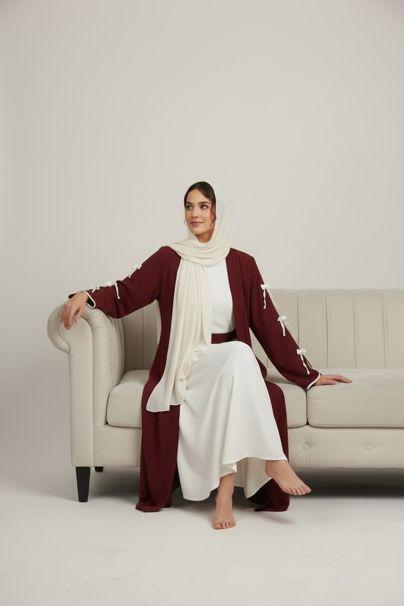 Side profile of Celeste Bow Detail Open Abaya by Simply Zida showing bow sleeve detail