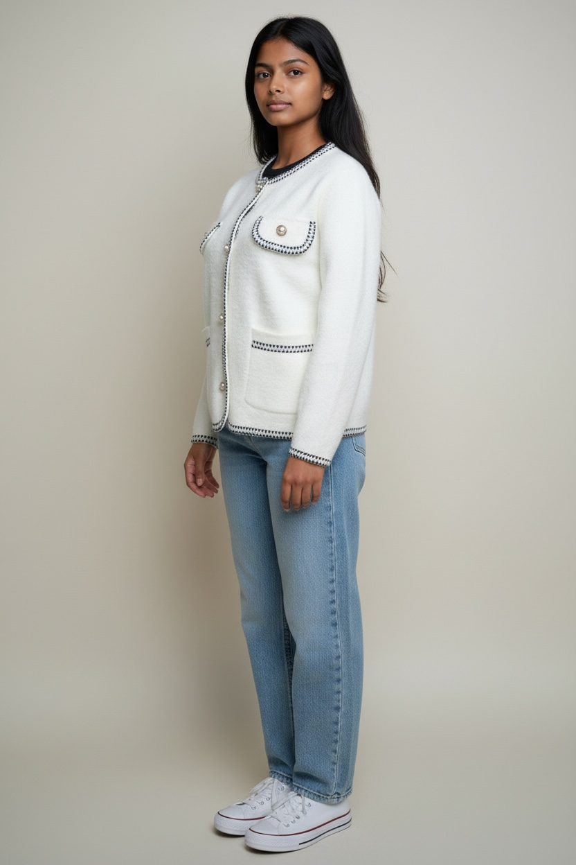 Simply Zida Chic Trim Knit Cardigan in ivory with black contrast trim detailing styled with jeans.