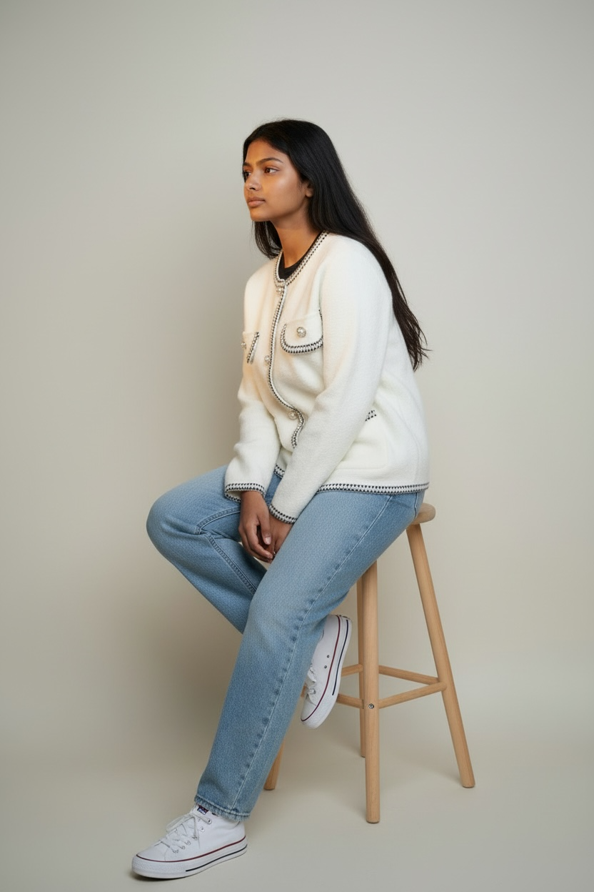 Side view of Simply Zida ivory knit cardigan with black trim and button front detail.