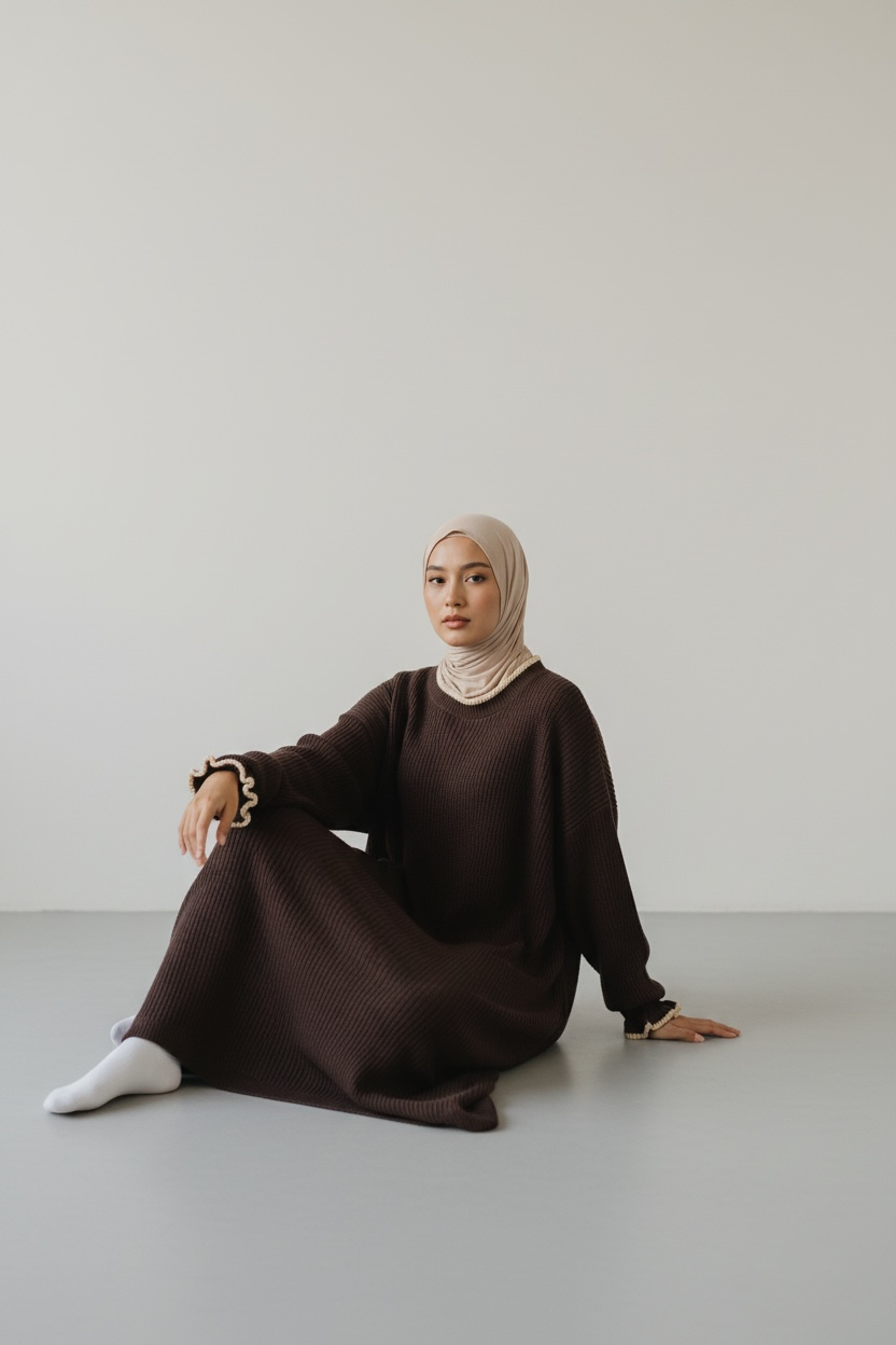 Seated view of Chocolate ribbed knit modest dress by Simply Zida