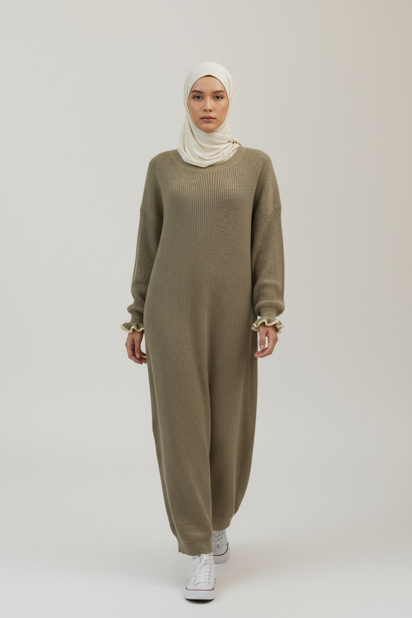 Olive Comfort Ribbed Knit Modest Dress by Simply Zida – casual modest wear UK