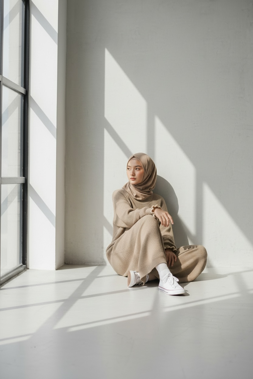 Seated view of Olive ribbed knit modest dress by Simply Zida
