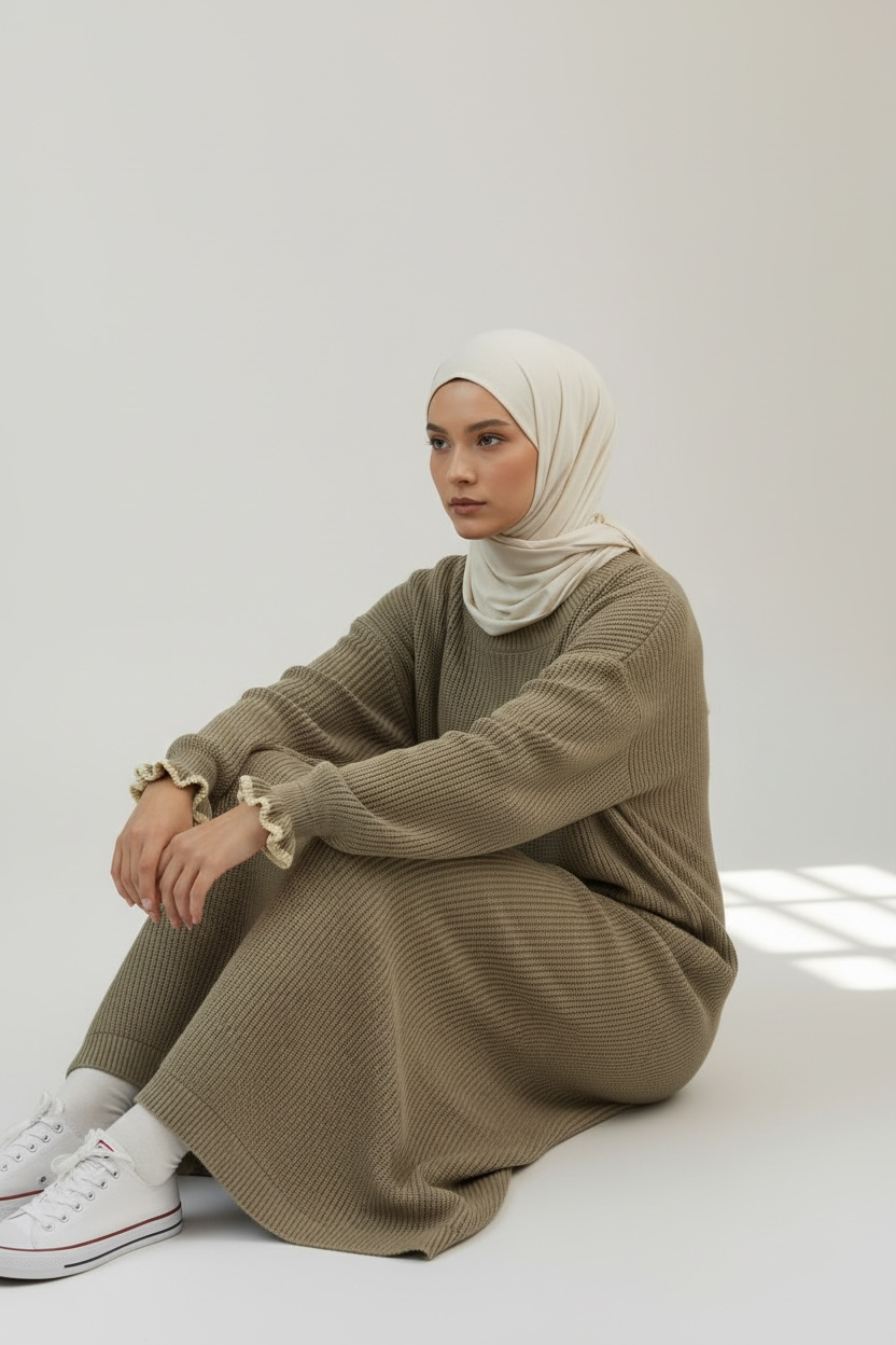 Side profile of Olive knit modest dress by Simply Zida
