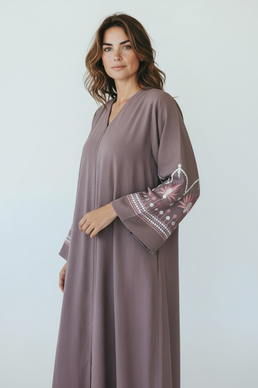 Dusky Orchid Modest Dress by Simply Zida in mauve with embroidered floral sleeves – luxury modest abaya for women