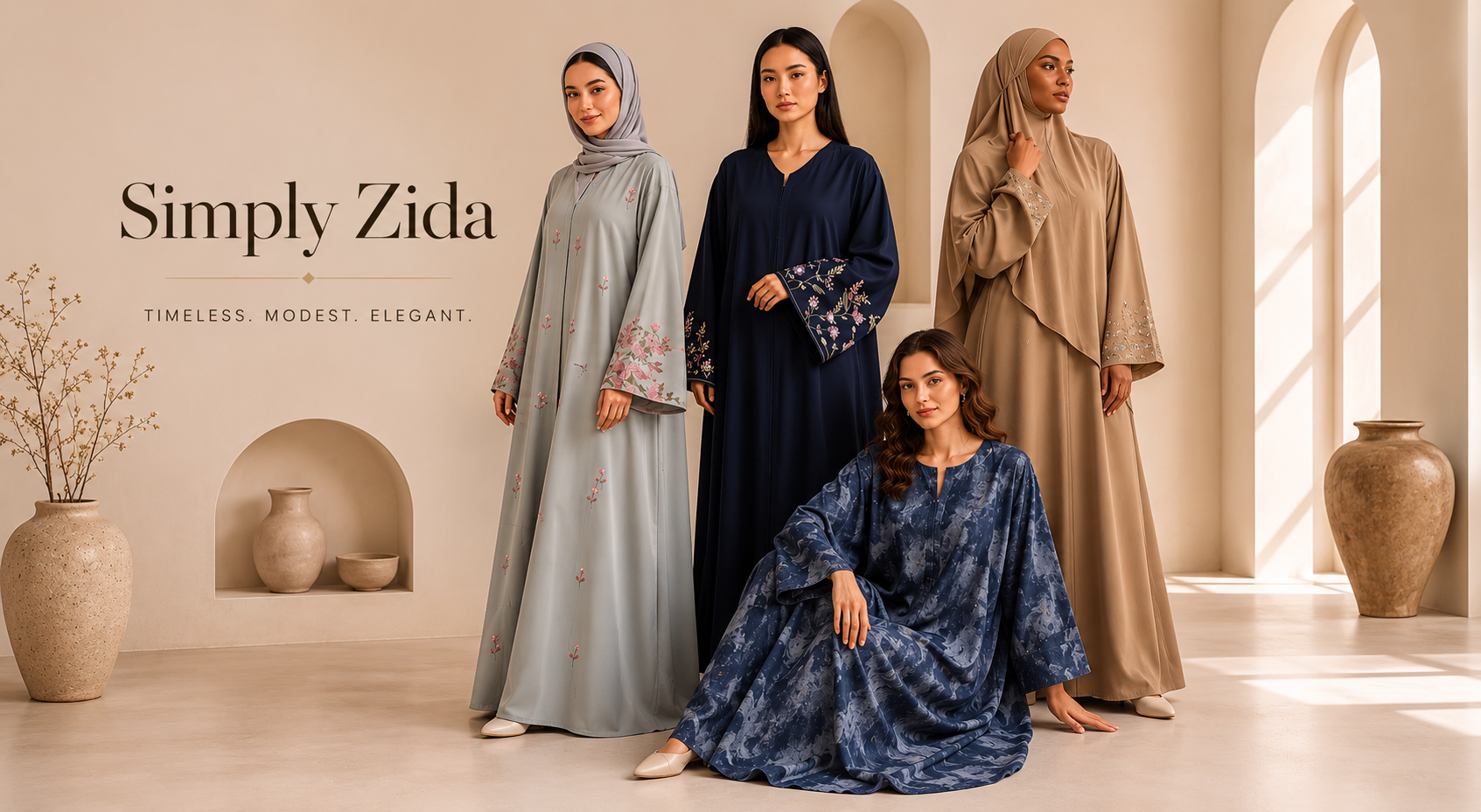 Four women wearing modest clothing in a decorative room with 'Simply Zida' branding.