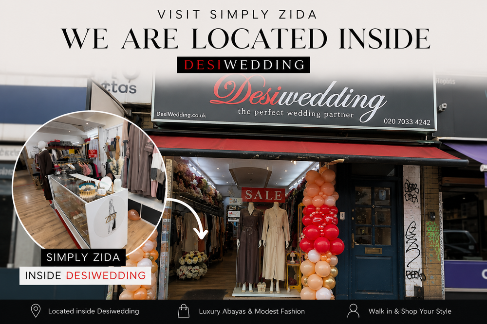 Simply Zida modest fashion boutique located inside Desiwedding storefront featuring abayas, hijabs, and elegant modest wear collections in Southall.