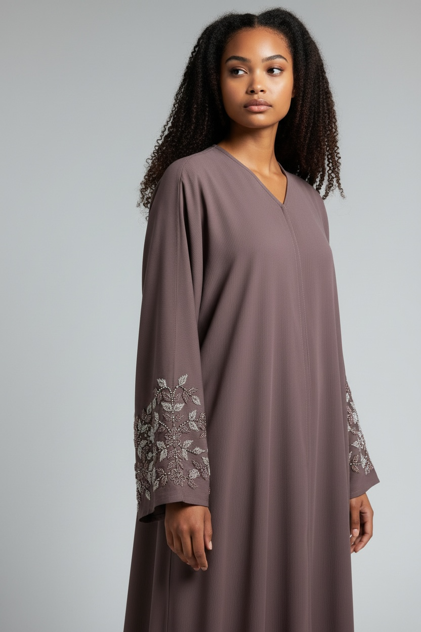Mauve Aura Embroidered Abaya by Simply Zida in mauve with silver leaf sleeve embroidery – luxury modest wear UK