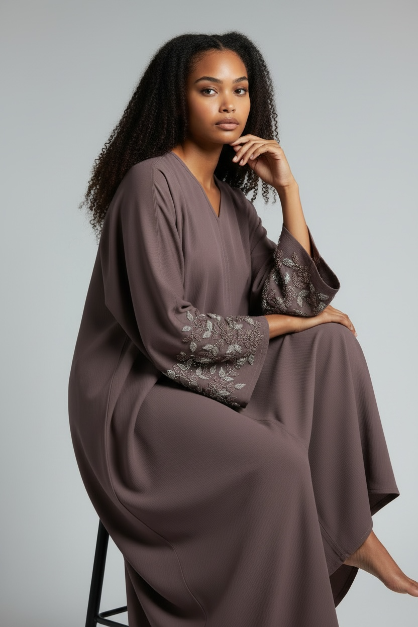 Seated view of Mauve Aura Embroidered Abaya by Simply Zida showing embroidered sleeve detail