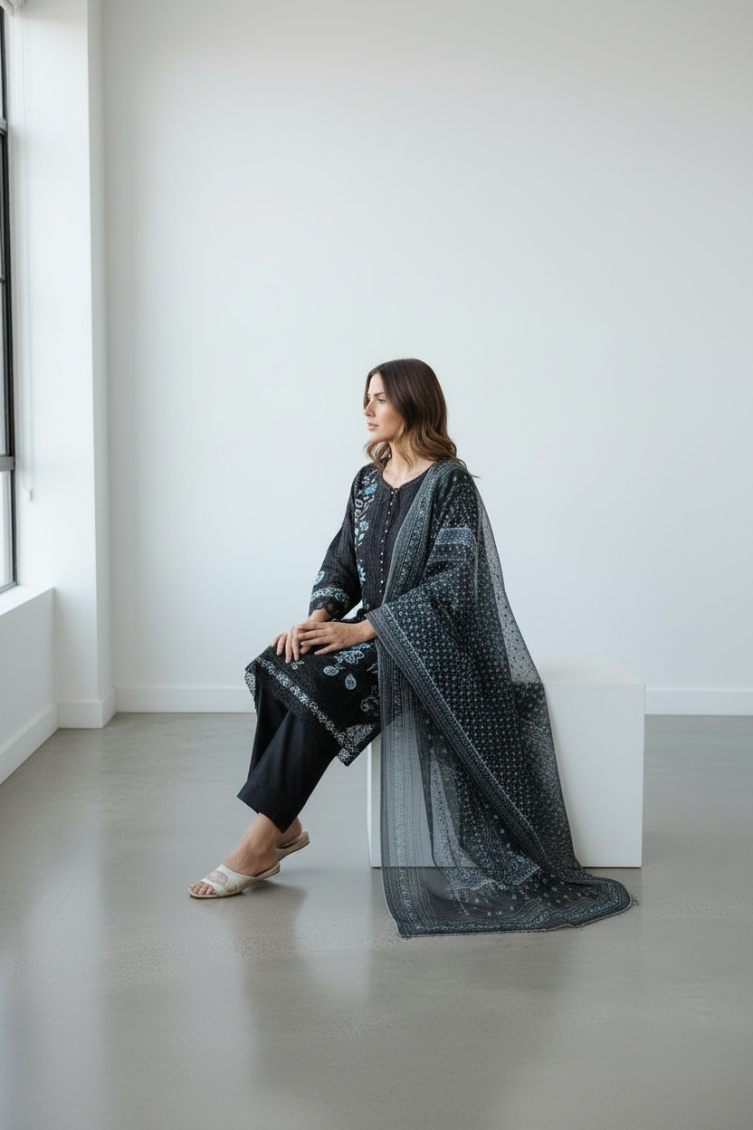 Side view of midnight blue embroidered lawn suit with elegant net dupatta