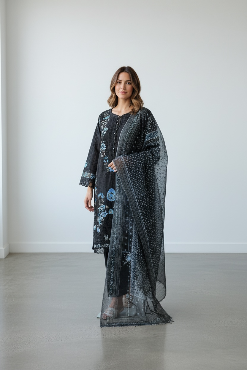 Full length midnight blue embroidered lawn suit with detailed floral embroidery