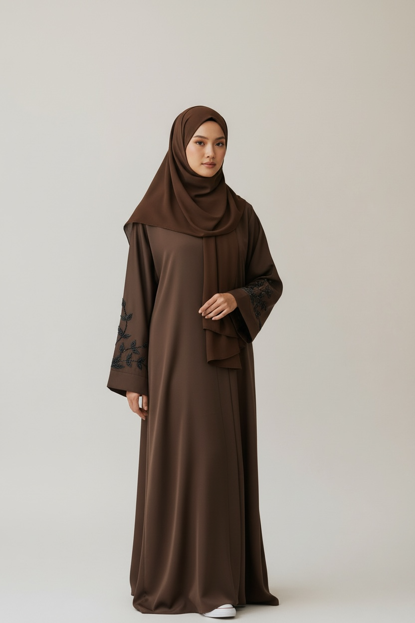 Seated view of Noir Vine Chocolate Abaya by Simply Zida showing sleeve embroidery detail